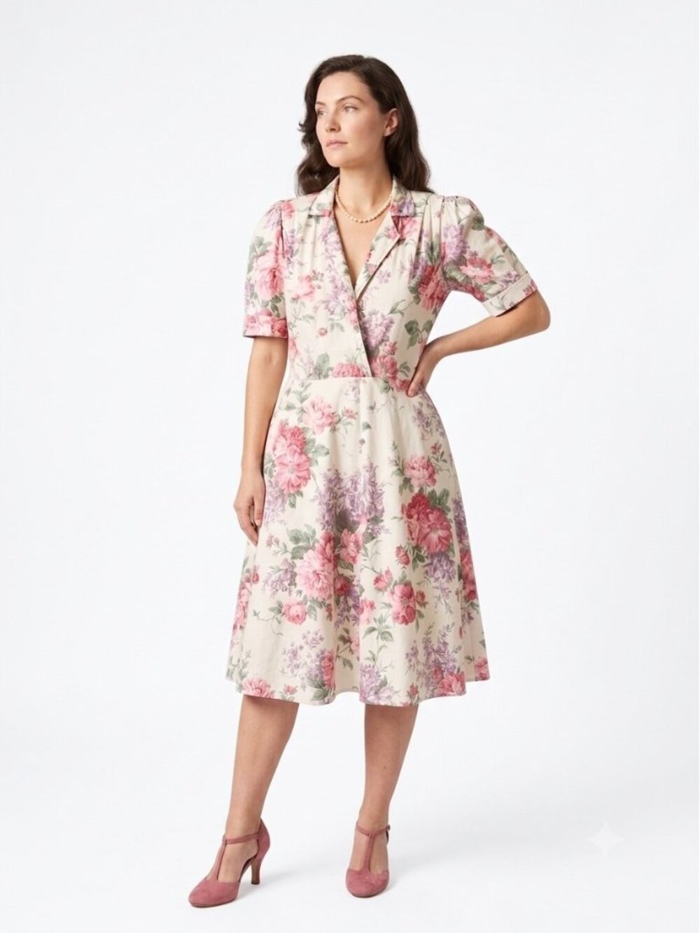 Vintage Miss Dorby Floral Cotton Shirtdress 10 Padded Shoulder USA Cottagecore